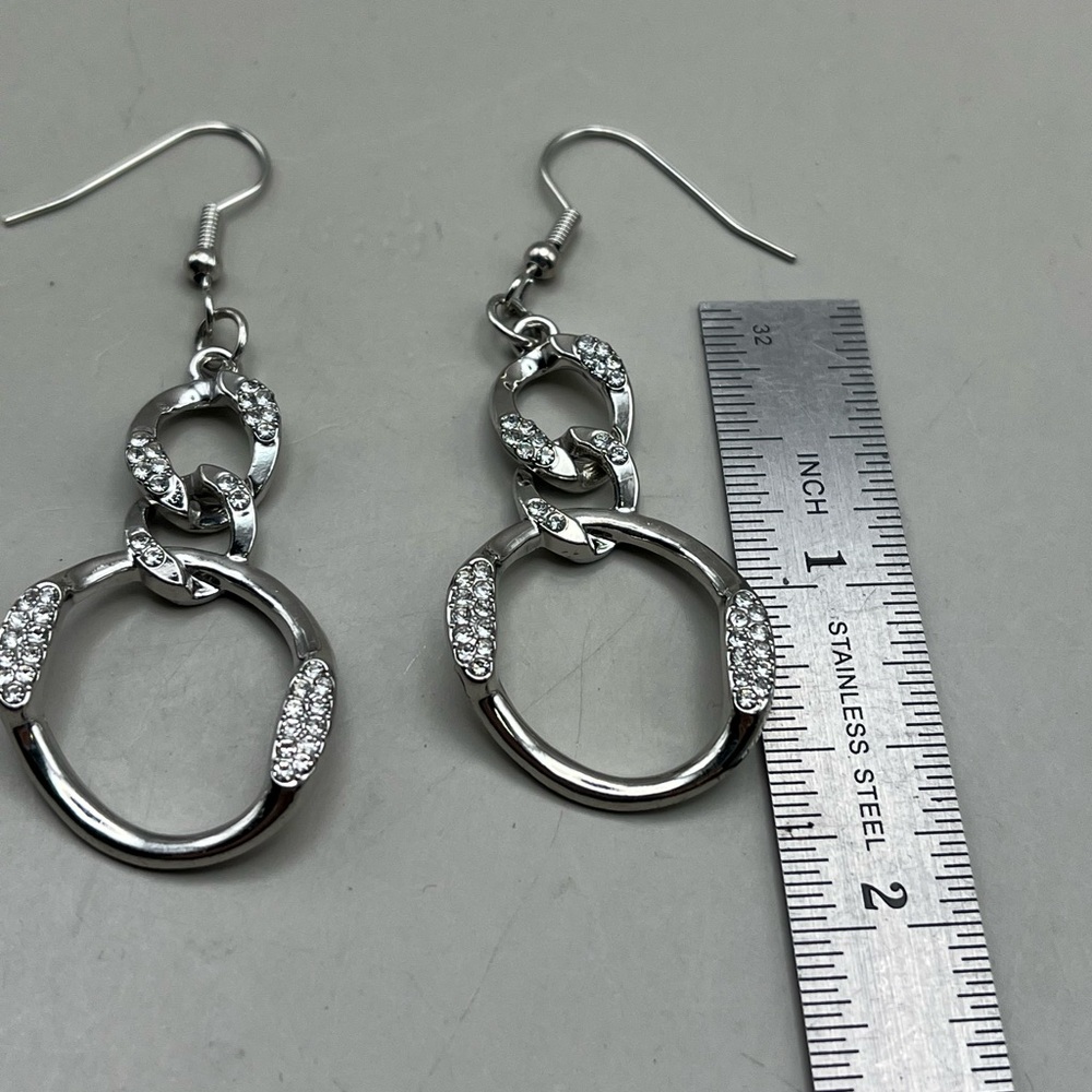 Holiday Glitter Double Circle Silver Crystal Dangle Earrings – Festive Gift - Picture 2 of 3